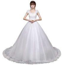 2019 Long Tail Cap Sleeves O-neck Appliqued Wedding Gown Elegant Lace Hem Ball Gown Frock Design for Bride Use